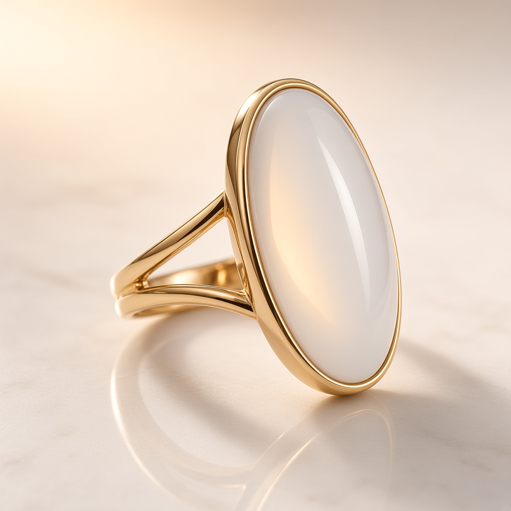 Anel em Ouro 18K e Ágata Branca Cabochon Oval