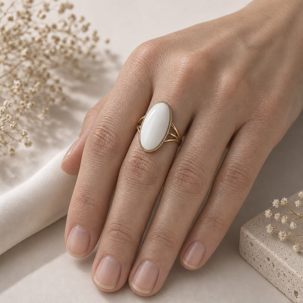 Anel em Ouro 18K e Ágata Branca Cabochon Oval - Imagem 4